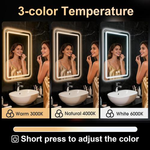 LED Bathroom Mirror, 16 x 24 Inch Anti-Fog Wall Mirror with Lights Stepless Dimmable, Lighted Bathroom Mirrors for Wall, Rectangle Bathroom Vanity Mirror with Front and Backlight, Vertically Only