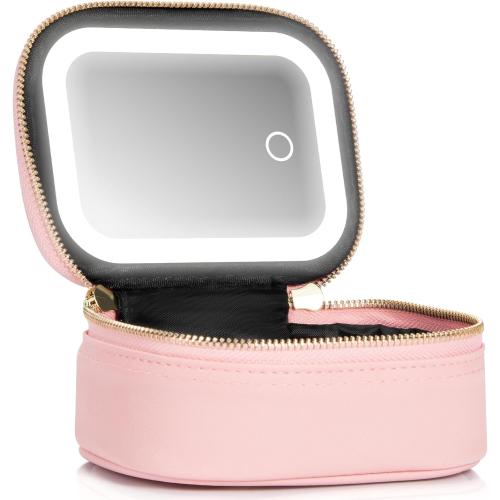 Small Makeup Bag with Led Mirror, Mini Travel Make up Bag 3 Light Modes Adjustable Brightness, for Women Organizer Cosmetic Bag, Portable Travel Train Toiletry Bag, for Pool Parties Work Touch-Ups