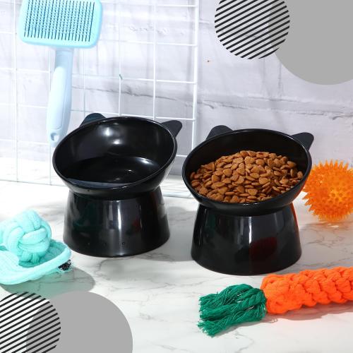 Zhehao 2 Pieces Plastic Raised Bowl Tilted 15 Degrees Elevated Cat Food and Water Bowls Set Anti Vomit Dog Kitten Food Dishes Pet for Cats and Small Dogs(Cat Ears,Black)