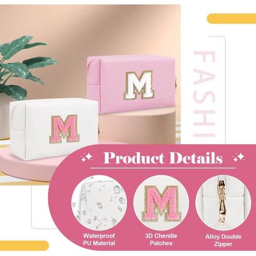 Personalized Makeup Bag Initial A-Z Preppy Patch Bag,Small PU Leather Travel Cosmetic Bag Pouch with Zipper,White Cute Toiletry Bag,Gift Ideal for Teen Girls Women Birthday Friend Mom,Letter M