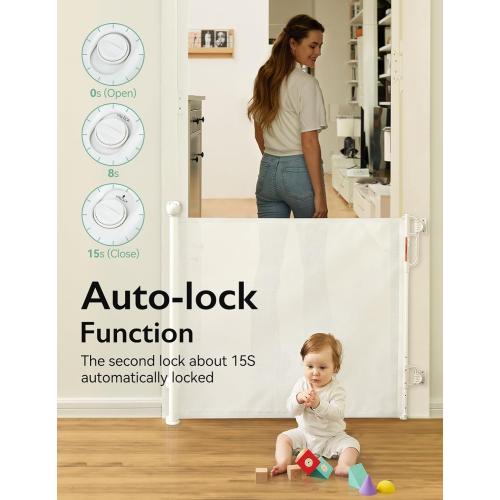 Momcozy Auto-Locking Retractable Mesh Baby Gate or Dog Gate, Child Safety Gate for Indoor or Outdoor, 33-inches Tall with up to 55-inches Wide Extension, Avoid Skirting Installation, White
