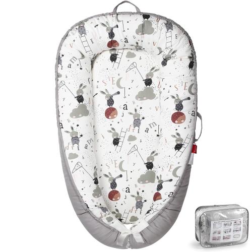 Color White and Grey elephants Baby Lounger - Breathable & Soft Baby Nest, Portable and Lightweight Tummy Time Lounger for Home and Travel, Ideal Newborn Babies Essentials Baby Shower Gifts