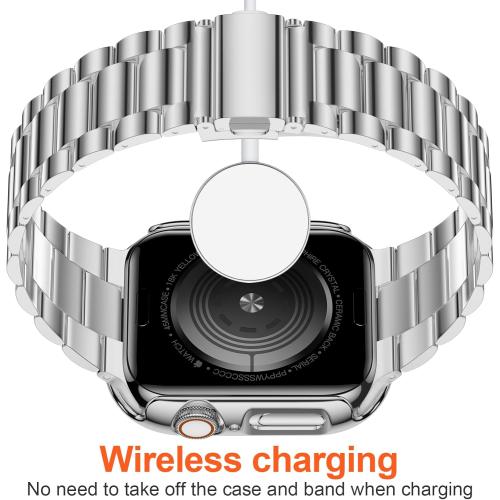 iiteeology Compatible with Apple Watch Band 46mm Series 11 Series 10, Upgraded Stainless Steel Band with iWatch Screen Protector Case for Men Women Silver/Silver