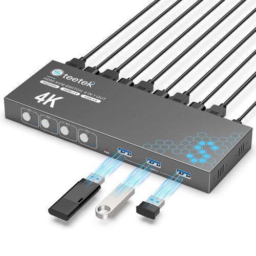 USB 3.0 HDMI KVM Switch 1 Monitors 4 Computers, 4K@60Hz KVM Switches for 4 Computers Sharing Monitor Keyboard Mouse Hard Drives Printer, with EDID Adaptive,1 HDMI Cable and 4 USB Cable