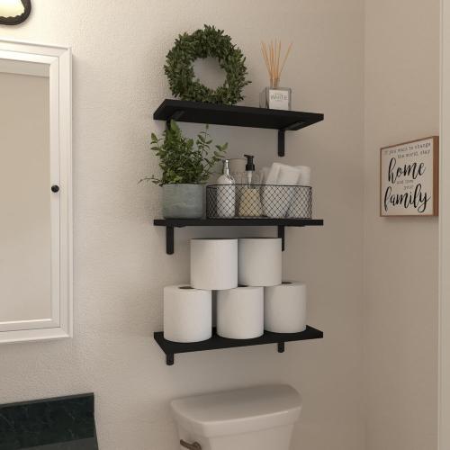 WOPITUES Wood Floating Shelves Set of 6, Shelves for Wall Decor, Farmhouse Shelf for Bedroom, Bathroom Storage Shelves, Book Shelves for Living Room-Black***