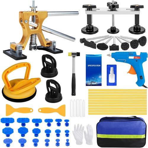 55Pcs Car Dent Puller Kit, Paintless Dent Remover Tool with Adjustable Dent Lifter & Bridge Puller, Dent Repair Kit for Auto Body Large & Small Dents, Hail Damage Dent Removal 98% of Car Dents