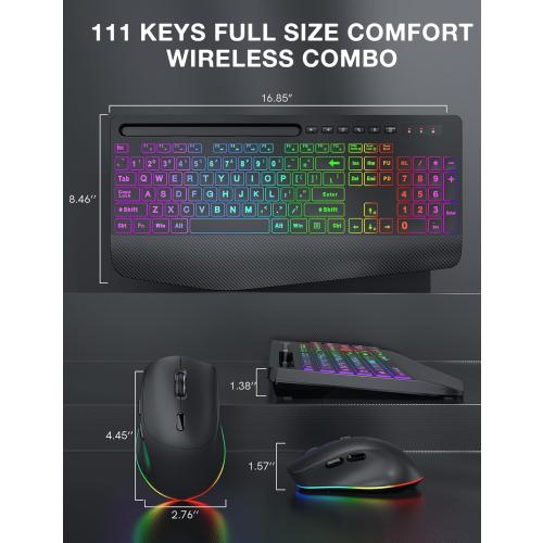 Color Black SABLUTE Wireless Keyboard and Mouse Combo, 9 Backlit Effects, Large Print, Wrist Rest, Phone Holder, 2.4G Lag-Free Ergonomic Keyboards, Rechargeable Easy to See Cordless Set for Computer, Laptop, PC
