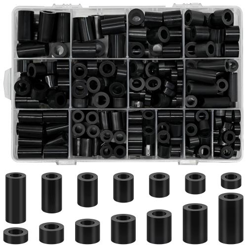 300Pcs Black Nylon Round Spacer M6 M8 Non-Threaded Assortment Kit