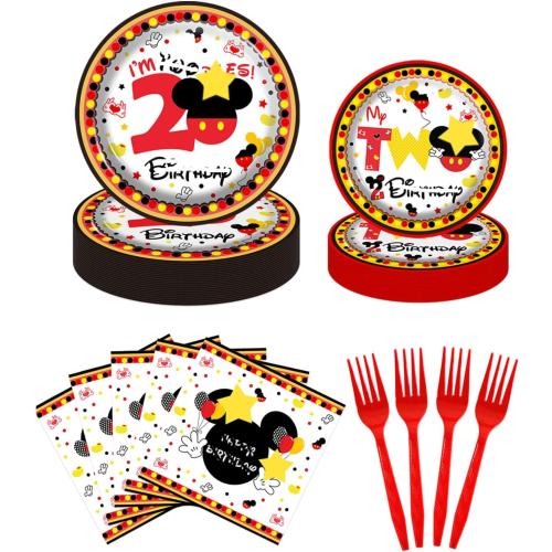 XXDecor Red Cartoon 2nd Party Plates Twodles Dessert Plates Napkins Forks Tableware Kit for Boys 2nd Birthday Party Decorations Supplies
