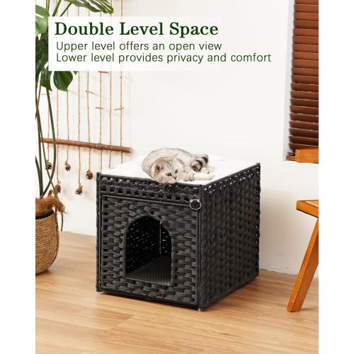 SETVSON Cat Litter Box Enclosure Furniture, Hidden PE Rattan, Black | PE Rattan Kitty House with Top Fence, Fits Standard Litter Box, Included Litter Mat, 2 S-Hooks, Sturdy Metal Frame