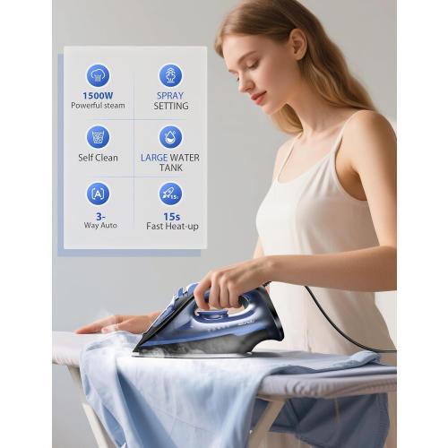 Sundu Steam Iron for Clothes with Rapid Heating Ceramic Coated Soleplate, 1500W with Precise Thermostat Dial, Self-Cleaning, Auto-Off, 15.21oz Water Tank for Home Clothes Ironing Use, Blue