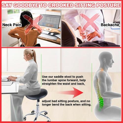 Saddle Stool - Saddle Chair, Adjustable Rolling Saddle Stool with 360° Swivel Wheels, Ergonomic Stool for Hair Stylist Dentist Salon Spa Massage Tattoo Home Office, 300 lbs Weight Capacity (Black)