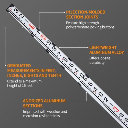 Firecore 16-Foot Aluminum Grade Rod - 10ths, 5 Sections Telescopic with Bubble Level-FLR500B