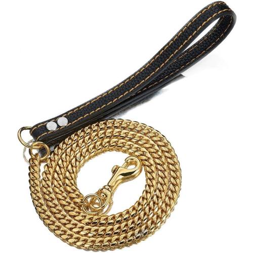 Strong Dog Chain Gold Leash Long 3FT 4FT 5FT 18K Stainless Steel 12mm Curb Cuban Link Dog Leash with Comfortable Genuine Leather Handle(Gold, 3FT)