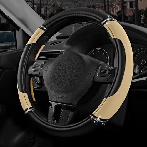 Road Comforts Leather Steering Wheel Cover - Made with PVC Leather - Anti-Slip, Universal Fit 14 1/2 inches to 15 inches - Beige