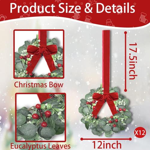 12 Pack 12 Inch Mini Christmas Wreath Small Christmas Kitchen Cabinet Wreaths with Red Bow Eucalyptus Leaves Flowering Boxwood Branches Red Berry Xmas Wreaths for Windows Door Wall Stairs Home Decor