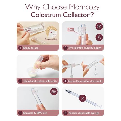Momcozy Colostrum Collector Reusable Breast Milk Collector with Storage Case and Cotton Wipe, Portable Colostrum Container BPA Free, Multi-Use Collector 5ml-6pcs