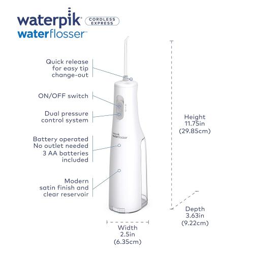 Waterpik Cordless Express Water Flosser, Battery Operated & Portable for Travel & Home, ADA Accepted, Waterproof for Shower Use, White WF-02, Packaging May Vary