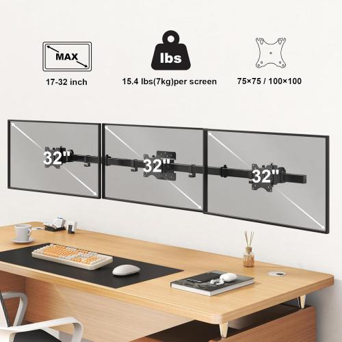 Triple Monitor Wall-Mount for 17-32 Screens - Adjustable Heavy Duty Three Wall Monitor Mount with Cable Management, Space-saving,Tilt, Swivel, Rotation, VESA 75/100 mm, Max 15.4lbs per Screen, Black
