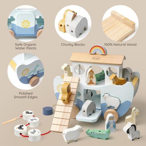 Joyreal Wooden Noah's Ark Toy for 1 Year Old Baby Boy and Girl Baptism Gift - Neutral Color Montessori Educational Toy with Animal Shape Sorter - Christian Toys for Toddler 1-3 Christmas Birthday Gift