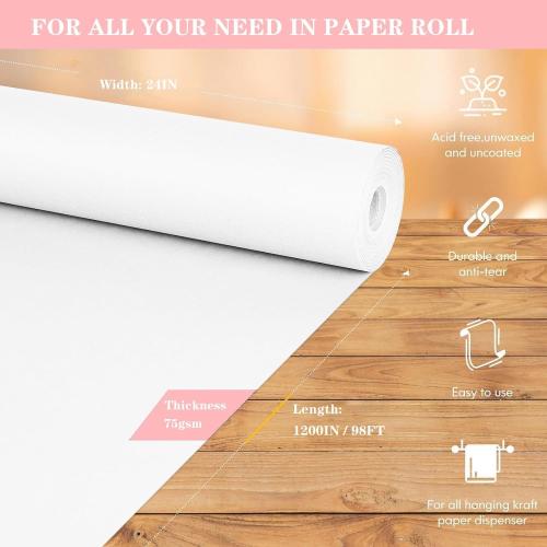 White Wrapping Paper Roll 24x 1200 Craft Paper Roll for Drawing Painting Art Supplies, White Paper for Easel Poster Bulletin Board, Kraft Paper Roll for Packing Moving, Gift Wrapping