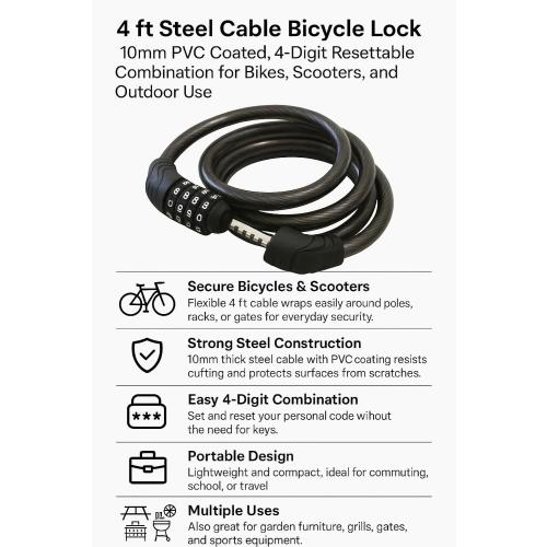 2 Pack Bike Lock Cable 4 Ft Resettable Combination Bicycle Lock 10mm Steel for Bikes Scooters Gates Outdoor Use Black
