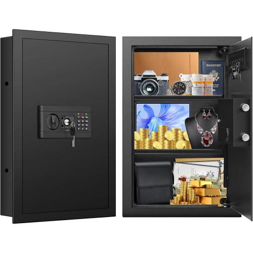 22'' In Wall Safe Between 16 Studs with Electronic Keypad & Hidden Storage | Fits 16 studs, this in wall safe features keypad lock, hidden compartment, removable shelves, and external USB power port