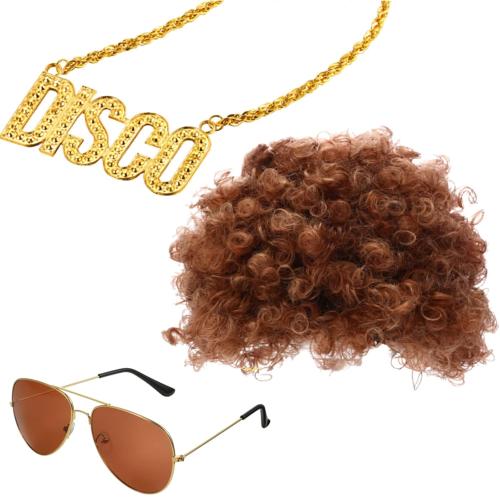 Gejoy Halloween Disco Costume Set Afro Wig Sunglasses Necklace Punk Gold Chain Men Halloween 70s80s Hippie Cosplay Accessories(Brown)