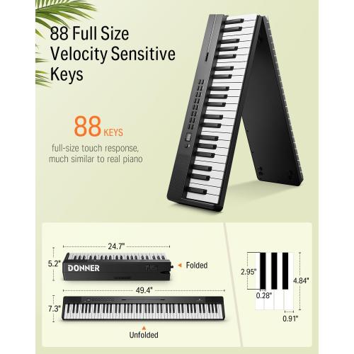 Donner DP-10 Portable Piano Keyboard 88 Keys for Beginner, Bluetooth Foldable Piano Keyboard with 128 Rhythms&Tones, Chord, Record, Drum Kit, Folding Digital Piano Bundle with Pedal, Piano Bag, Black