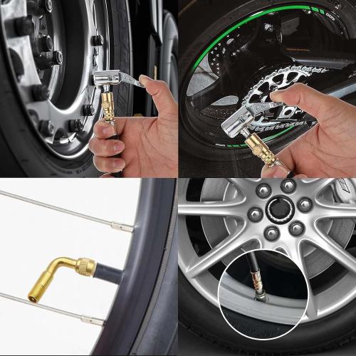 5 Pcs Tire Valve Extension, 8.25 Inch Flexible Valve Stem Extenders, 90 Degree Brass Tire Valve Extension Adaptors with Tire Inflator Hose Adapter Compatible for RV Bike Motorcycle Car
