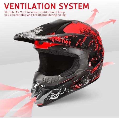Youth Dirt Bike Helmets Fashion Kids Children Motocross, Motorcycle, BMX, ATV, Off-Road, Four Wheeler, Moutain Bike Full Face Helmets Dot Approved (Goggles Gloves Faceshield)