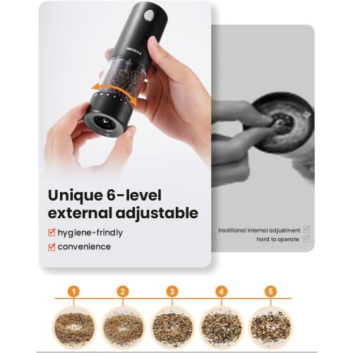 Electric Salt and Pepper Grinder Set with Rechargeable Base - Automatic Refillable Electric Salt and Pepper Shakers with Large Capacity, LED Light & Adjustable Coarseness, Black