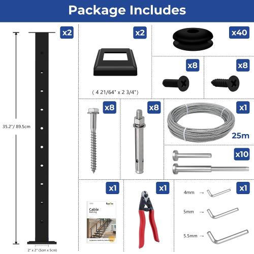 36 Fixed Top Level Drill Cable Railing Post 2Pack Bundle with 6'6'' Stainless Steel Rectangular Black Handrail 2Pack