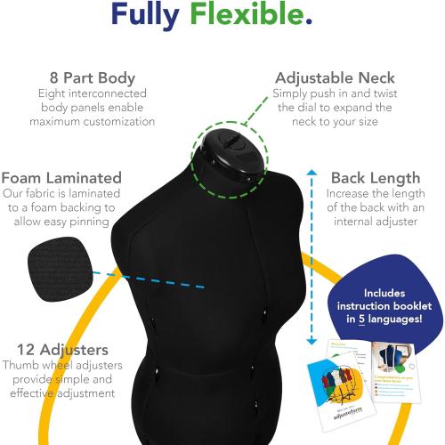 Sew Simple FG307 Adjustable Dress Form Black M-L (US Dress Size 10-16) 8 Part Female Sewing Mannequin   Pin Grip Hem Marker