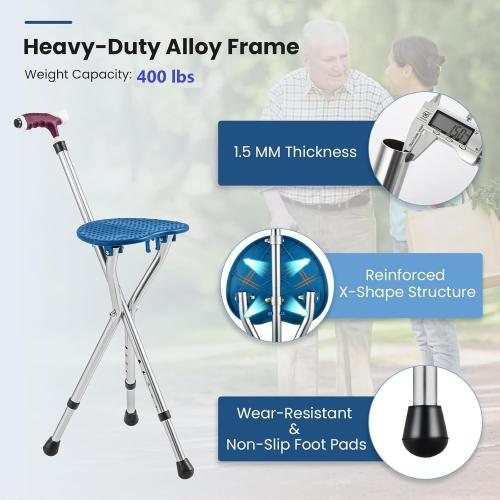 Folding Cane Seat Combo 400 lbs Capacity Portable Cane Stool Handy Folding Crutch Chair Seat 3 Legs Height Adjustable Heavy Duty Thick Aluminum Walking Stick Tall Unisex for Elderly Travelon Blue