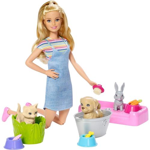 Barbie Play 'n Wash Pets Playset with 3 Color-Change Animals & 10 Toy Accessories, Blonde Fashion Doll with Blue Eyes