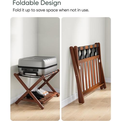 Fully Assembled Walnut Bamboo Luggage Rack with Shoe Shelf, Folding Suitcase Stand with 5 Heavy-Duty Straps, Large Wooden Luggage Holders for Guest Room, Ideal for Bedroom, Hotel