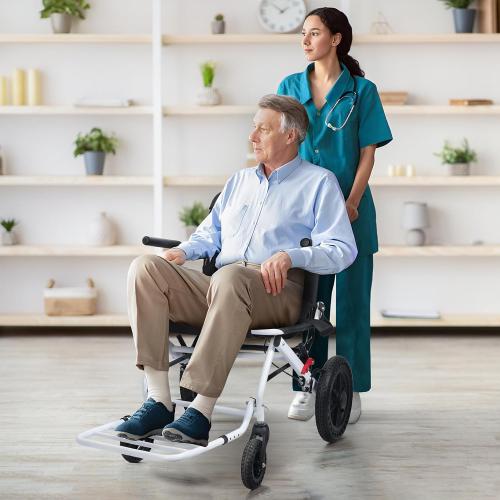 BLACK Ultra-Light Folding Transport Wheelchair for Adults & Seniors, 20 Portable Wheelchair with Telescopic Handle & 12 Solid Wheels 120kg Capacity Compact for Tight Spaces (Only 14lbs) White M