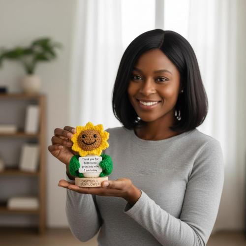 Thank You Gift for Women - Tiny Sunflower Crochet with Thank You Card | Handmade Appreciation Gift for Teacher, Boss, Manager, Parents, Grandparents, Sister | Teacher Appreciation Gift from Student