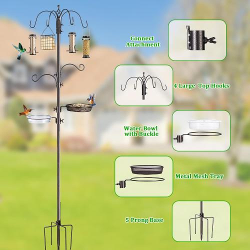 Bird Feeding Station Kit, 94 Inch Metal Birds Feeder Stand Pole with 6-Hook, Bird Bath and Mesh Tray, 5-Prong Base