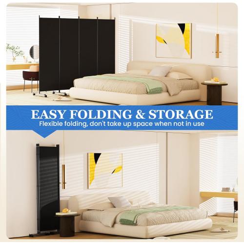 Room Divider 6FT Folding Privacy Screens with Lockable Wheels, 4 Panel Room Partition for Room Separator, 88 W Freestanding Portable Fabric Wall Dividers for Home Dorm Studio Office, Black