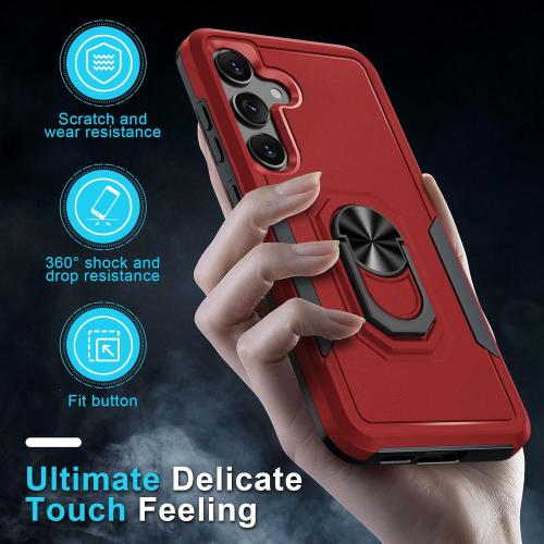 Compatible with Samsung Galaxy S24/S25 Case with Screen Protector Tempered Glass,Heavy Duty Shockproof Full Body Phone Cover Built in Metal Ring Holder Kickstand,2025 Red