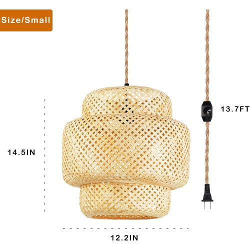 Plug in Pendant Light Rattan Hanging Lights with Plug in Cord Bamboo Hanging Lamp Dimmable,Handmade Woven Boho Wicker Basket Lamp Shade,Plug in Ceiling Light Fixture for Living Room Bedroom Kitchen