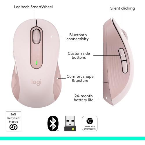 Logitech Wireless Mouse Signature M650- Small Hands, 2-Year Battery, Silent Clicks, Customizable Buttons, Bluetooth, PC/Mac/Chromebook - Rose, Right-Handed, Small-Medium