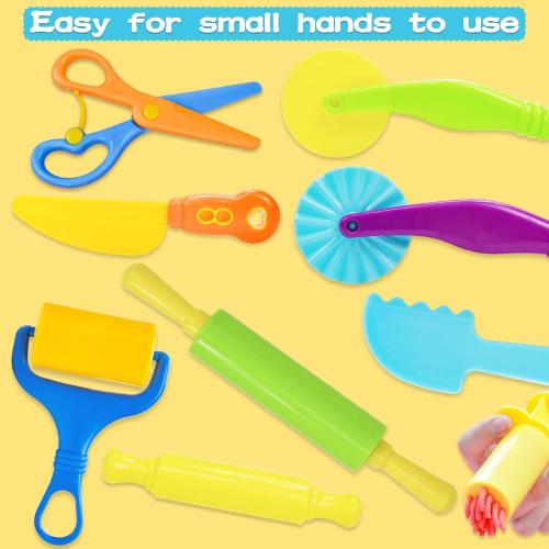 Dough Tool Set, 9 Pcs Dough Tools Sets for Kids Ages 4-8, Dough Accessories Includes Cutters Roller, Rolling Pins, Safety Scissors, Plastic Knife, Plastic Rollers