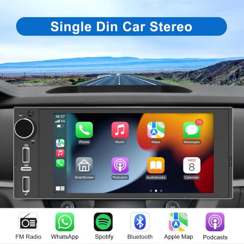 Single Din Touchscreen Radio Wireless Apple Car Play Wireless Android Auto, 6In Single Din Car Stereo with Mirror Link Bluetooth FM GPS Navigation SWC EQ