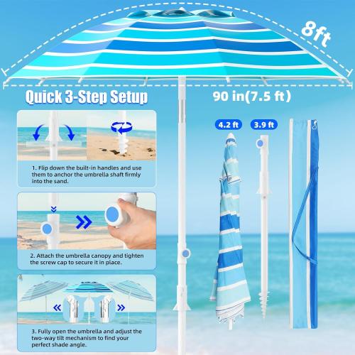 8FT Large Beach Umbrella with Heavy Duty Sand Anchor & Tilt Sun Shelter, Wind Resistance, UPF50  UV Protection, Waterproof Canopy, Portable for Beach Outdoor Patio Yard Garden Pool