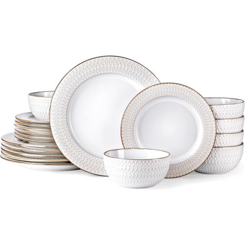 GBHOME Ceramic Dinnerware Sets,18 pcs Embossed Elegant Stoneware Plates and Bowls Sets, Housewarming Wedding Gift | Dishwasher & Microwave Safe | Dishes Set Service for 6