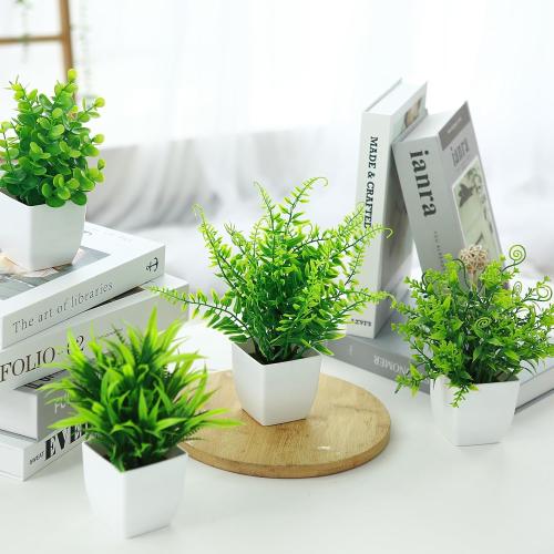 GREENTIME 4 Pcs Fake Plants Potted Small Artificial Plant Indoor Faux Greenery in White Pot for Home Office Bedroom Desk Bathroom Shelf Farmhouse Decorations