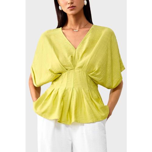 Women's Lightweight Crinkled V-Neck Peplum Waist Blouse-Batwing Short Sleeves Shirt-Casual Flowy Top (25H109 Yellow M)